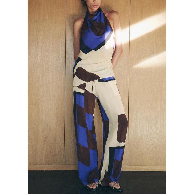 Chic Backless Print Tops And Pants Cotton Two Pieces Set Sleeveless