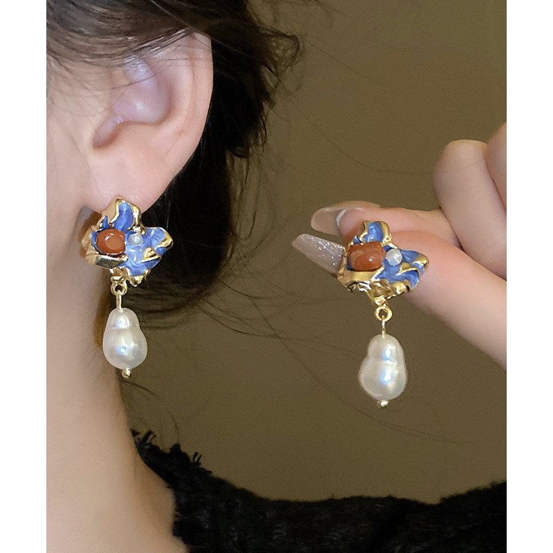 Chinese Style Multicolor Alloy Pearl Drip Glaze Asymmetrical Drop Earrings
