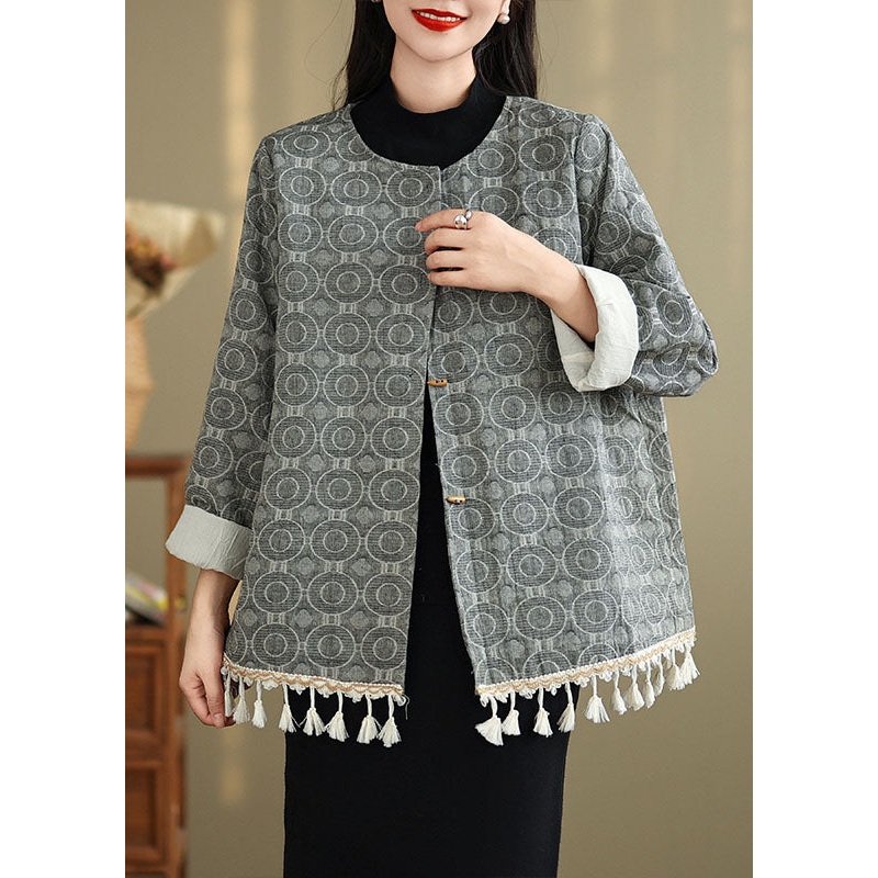 Chinese Style O-Neck Tassel Jacquard Cotton Coat Spring