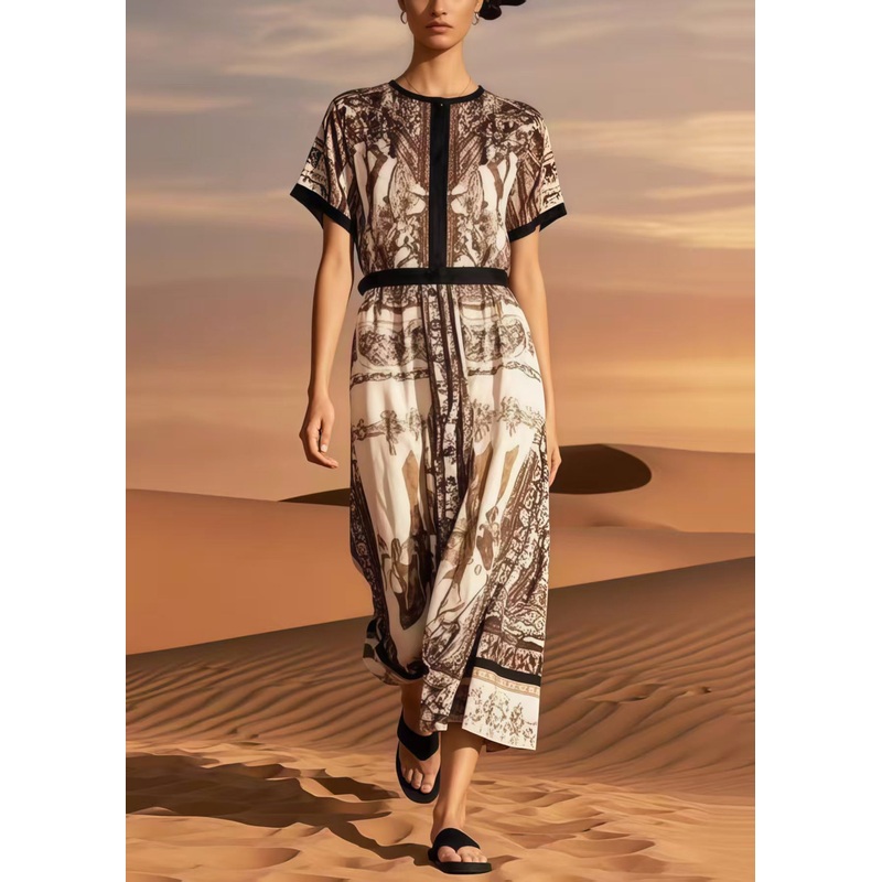 Classy Khaki O-Neck Print Cotton Maxi Dress Summer