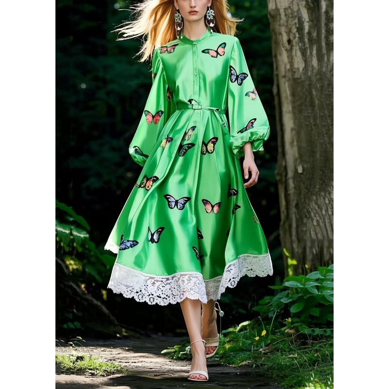 Classy Tea Green Butterfly Patchwork Lace Silk Dresses Lantern Sleeve