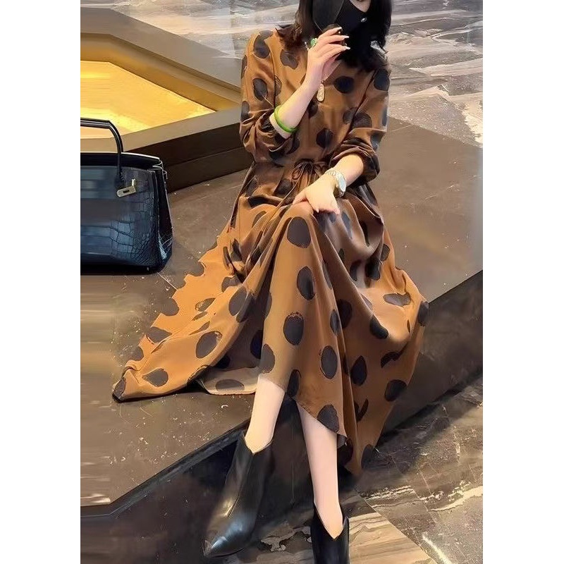 Classy Yellow V Neck Dot Print Drawstring Cotton Dresses Spring