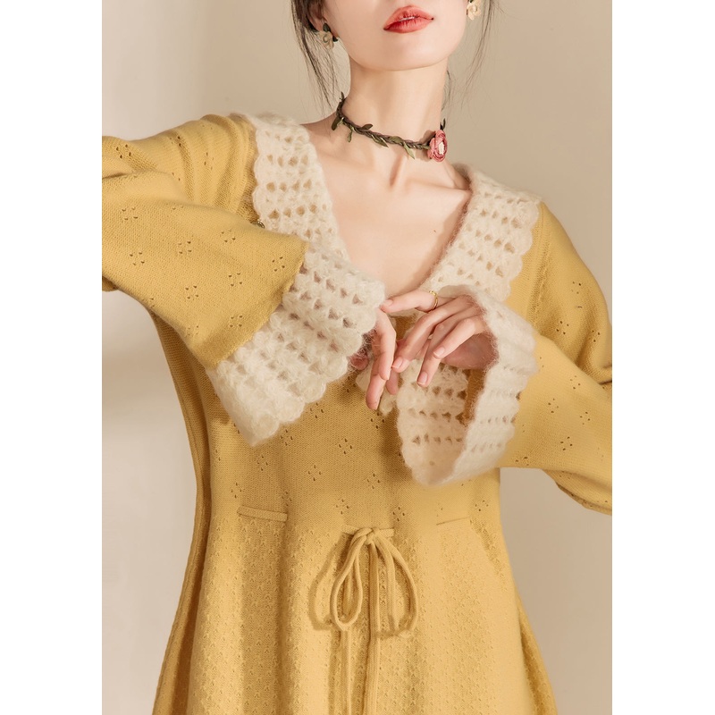 Cute Yellow Peter Pan Collar Tie Waist Hollow Out Long Dress Spring