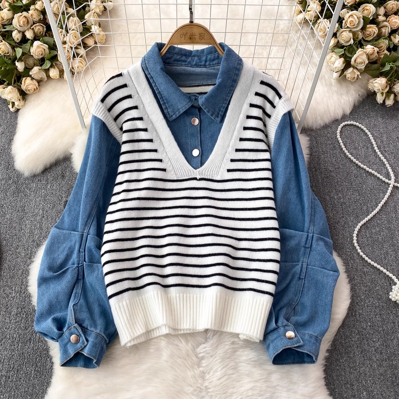 Denim Splicing Polo Collar Striped Sweater Pullover Shirt Women’s Casual Top Autumn 1400