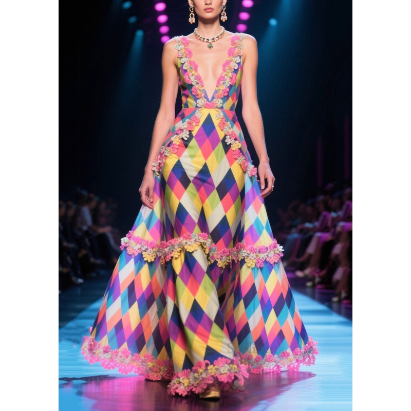 DIY Multicolour Plaid Patchwork Lace Chiffon Long Dress Summer