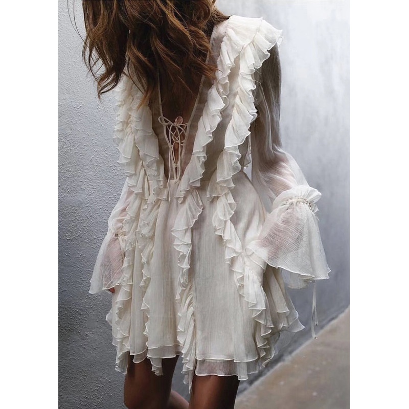 Elegant Beige Ruffled Lace Up Chiffon Mini Dresses Flare Sleeve