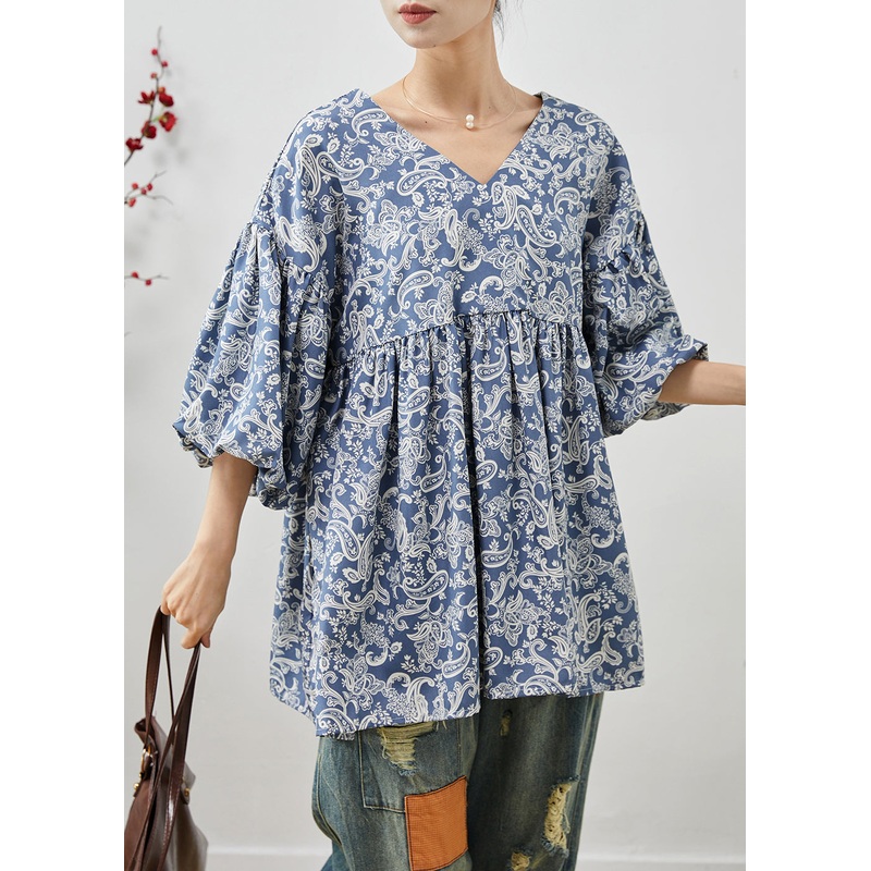Elegant Blue Oversized Print Cotton Shirts Summer