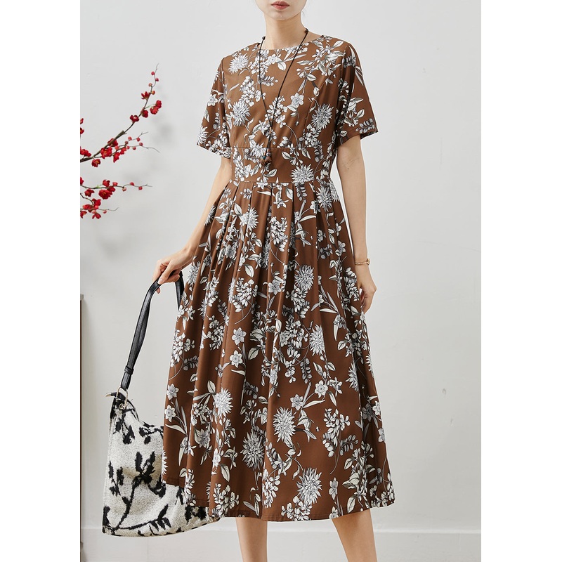Elegant Brown Print Silm Fit Cotton Long Dresses Summer