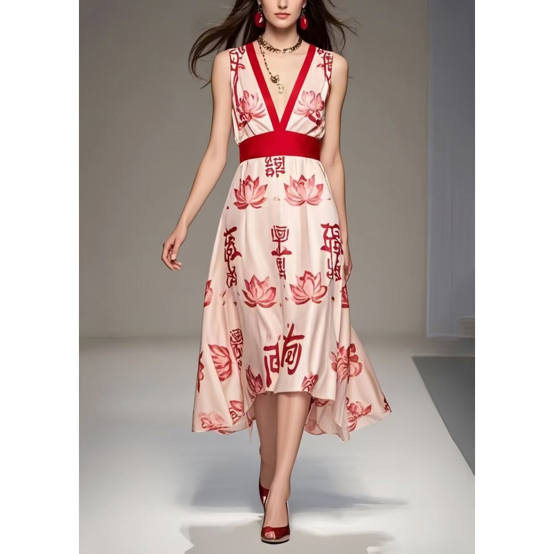 Fashion Apricot V Neck Print Chiffon Long Dress Sleeveless