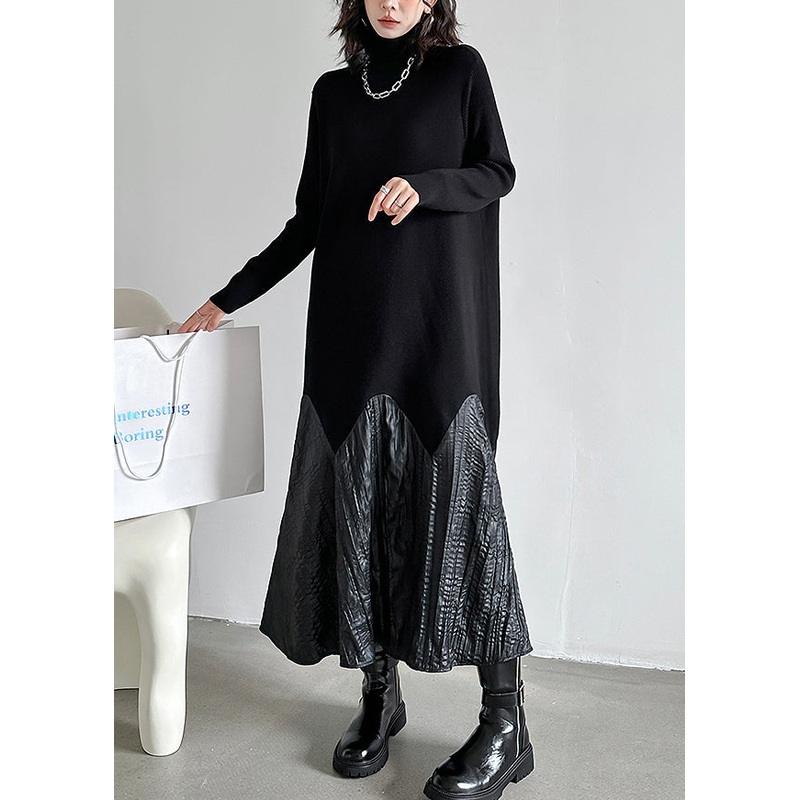 Fashion Black High Neck Patchwork Knit Long Dresses Spring