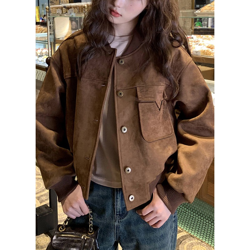 Fashion Brown Pockets Fine Cotton Filled Jacket Winter