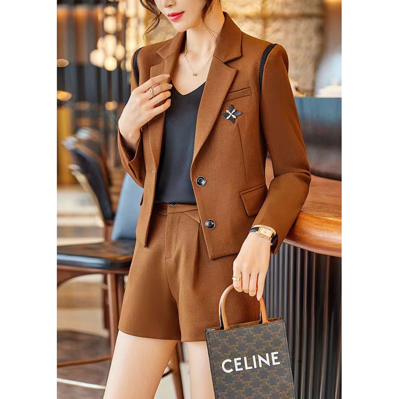 Formal Brown Notched Silm Cotton Two Piece Set Spring