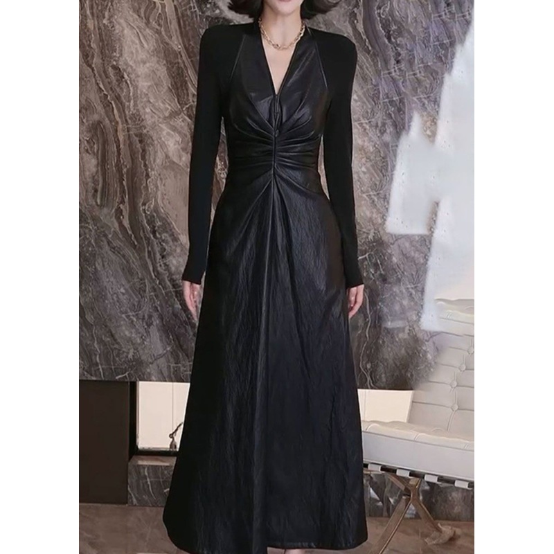 French Black V Neck Wrinkled Holiday Maxi A Line Dress Spring