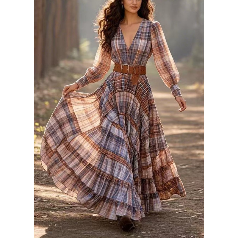 French Brown Cinched Plaid Exra Large Hem Party Dress Spring