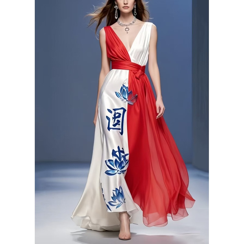 French Colorblock Asymmetrical Patchwork Silk Long Dress Summer