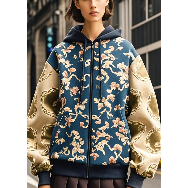 French Navy Hooded Patchwork Print Cotton Loose Sweatshirt Fall