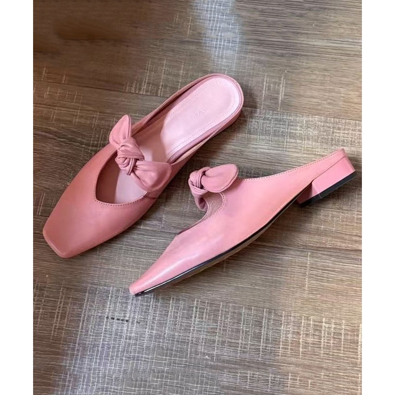 French Pink Bow Splicing Slide Sandals Square Toe