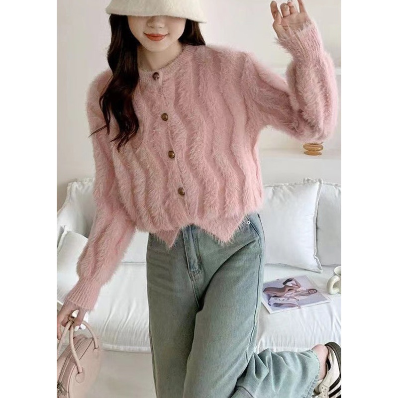 French Pink O Neck Button Mink Hair Knitted Cardigan Spring