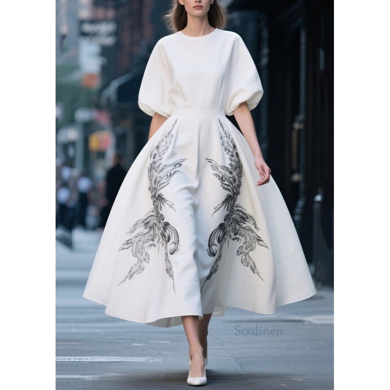 French White Print Exra Large Hem Chiffon Dresses Summer