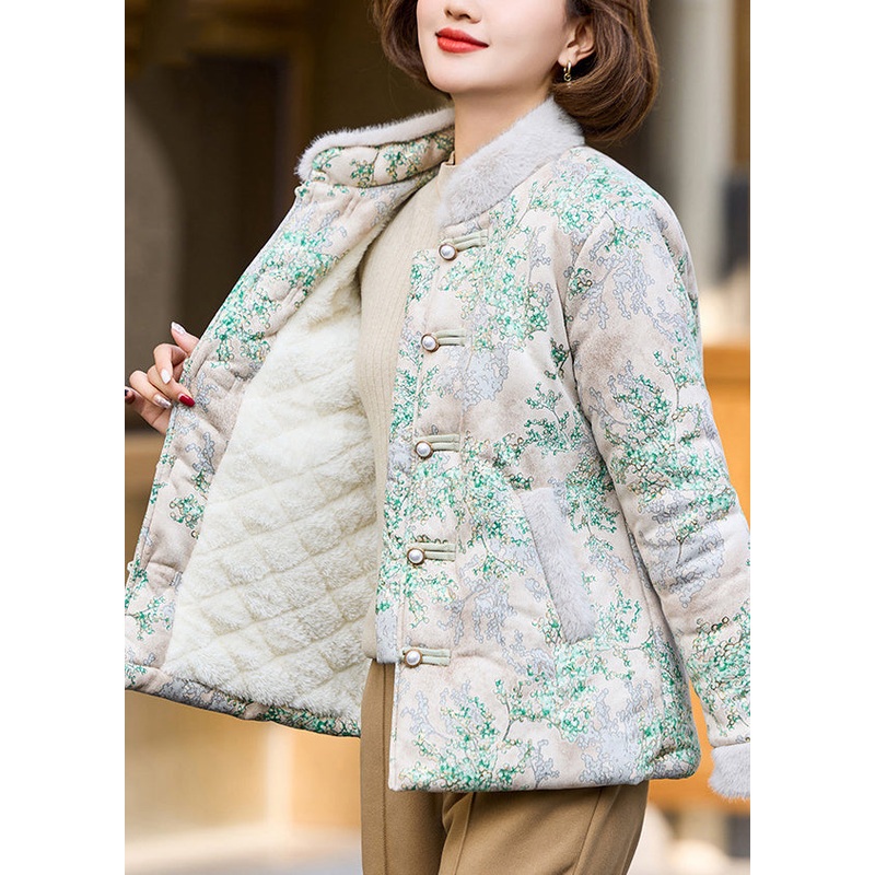 Green Button Pockets Patchwork Warm Fleece Stand Collar Winter