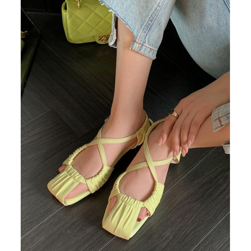 Green Hollow Out Flat Sandals Sheepskin Stylish Splicing