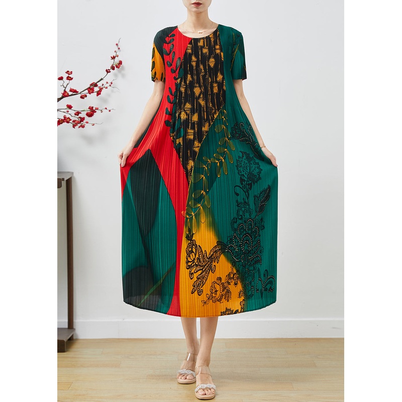 Green Print Chiffon Vacation Dresses Wrinkled Summer