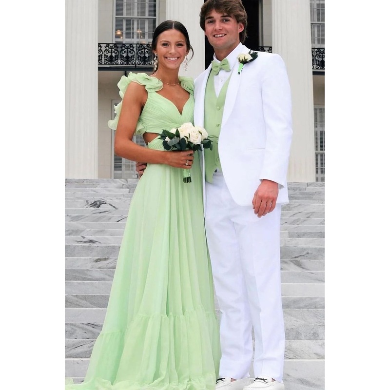 Green Ruffles A-Line Long Prom Dress Wedding Quest Dresses  2205