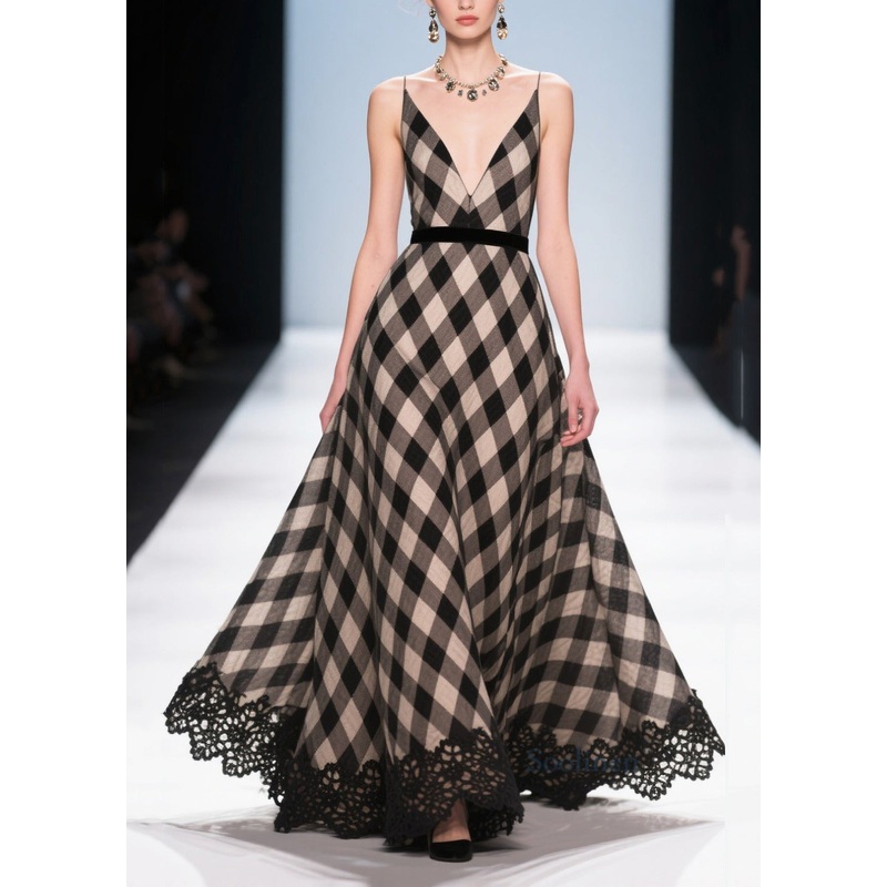 Grey Plaid Patchwork Lace Exra Large Hem Evening Dress Summer