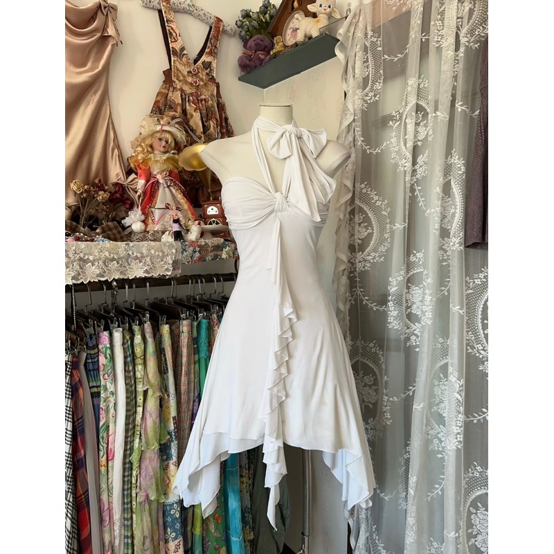 Halter A Line White Short Prom Dress Vintage Ruffle Formal Dress J5019