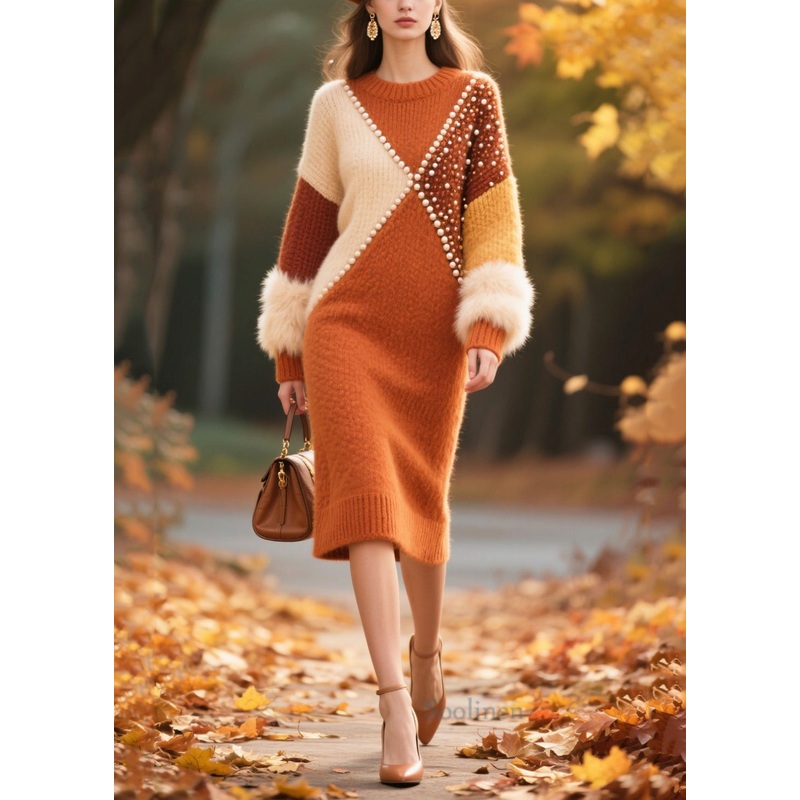 Handmade Nail Bead Patchwork Faux Fur Knit Sweater Dress Winter