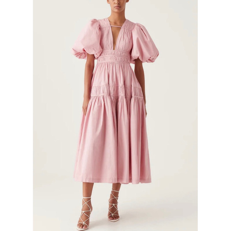 Italian Pink V Neck Wrinkled Cotton Maxi Dress Puff Sleeve