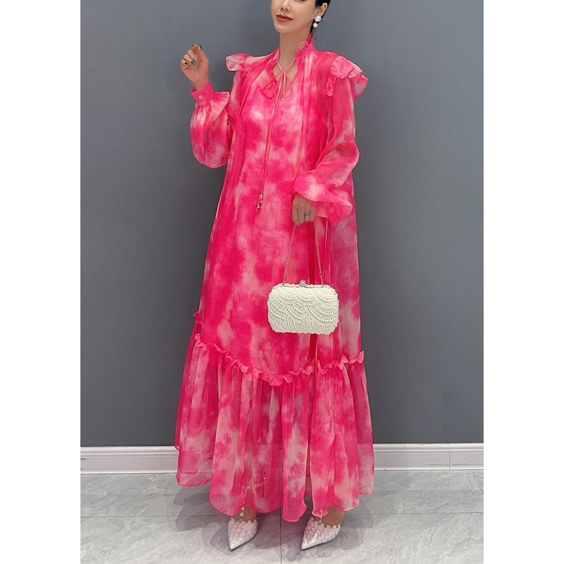 Italian Red V Neck Print Long Dress Lantern Sleeve