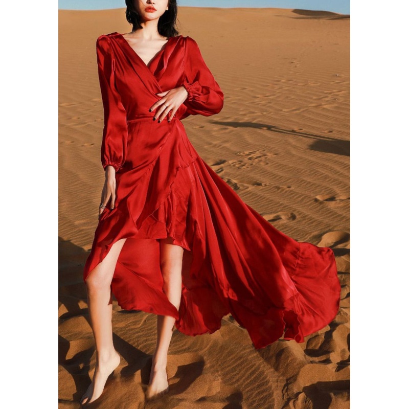 Italian Wine Red V Neck Low High Design Cotton Robe Dresses Fall