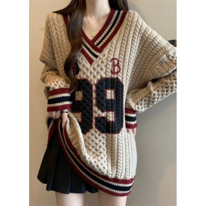 Khaki Embroidered Cable Knit Sweater Oversized Fall