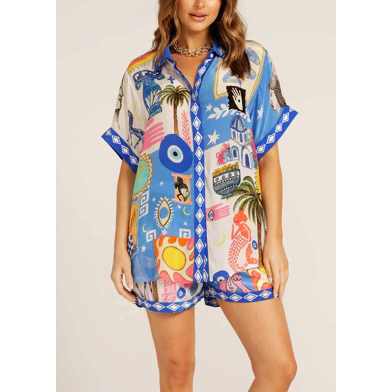 Loose Blue Peter Pan Collar Button Shirts And Shorts Two Pieces Set Summer