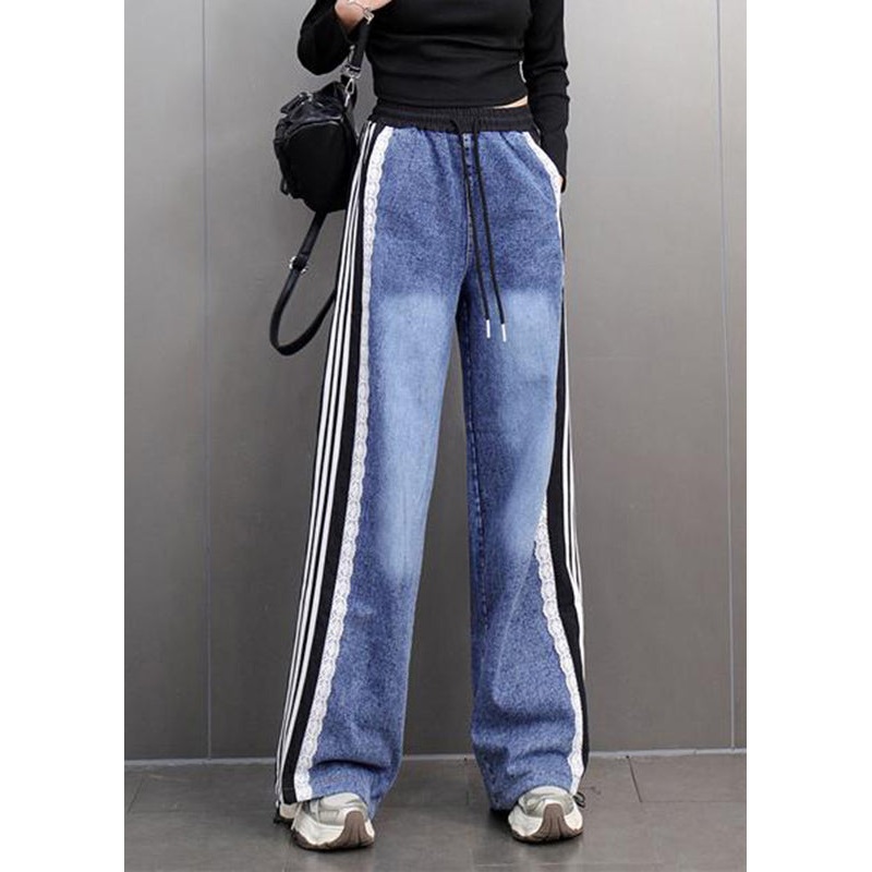Loose Blue Pockets Patchwork High Waist Straight Denim Pants Spring
