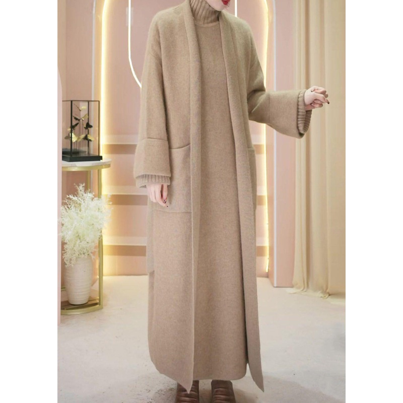 Loose Camel Pockets Woolen Cardigan And Turtleneck Knit Dress Two Piece Set Winter