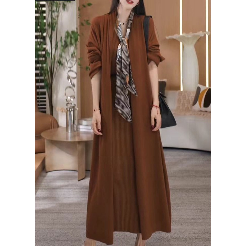 Loose Coffee V Neck  Solid Knit Two Pieces Set Winter