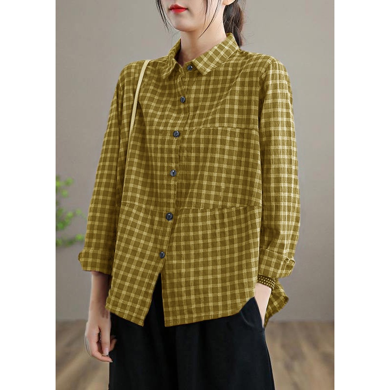 Loose Lapel Patchwork Spring Blouse Sleeve Yellow Plaid Top