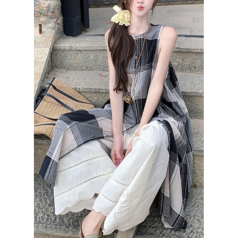 Loose Plaid Shirts Dress And White Wide Leg Pants Cotton Two Pieces Set Sleeveless