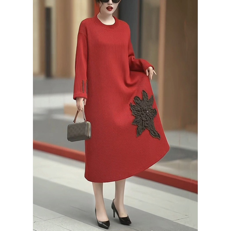 Loose Red O Neck High Waist Patchwork Knit Dress Winter