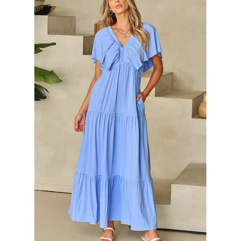 Modern Light Blue V Neck Wrinkled Solid Long Dresses Short Sleeve