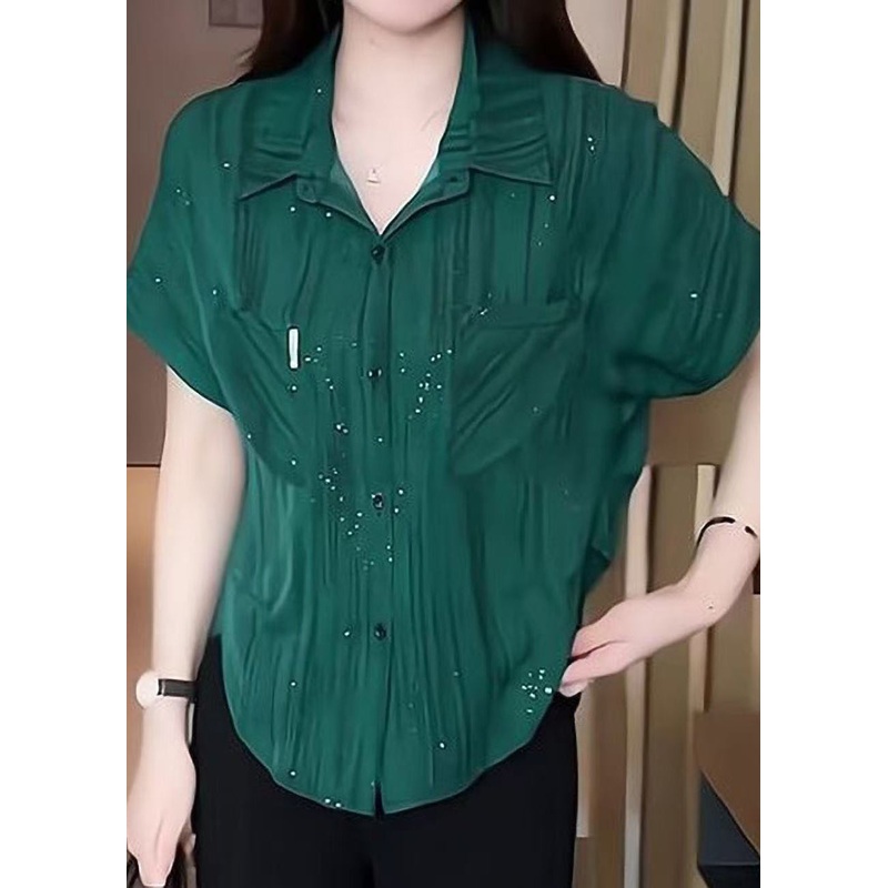 Modern Tea Green Sequins Chiffon Blouse Tops Summer