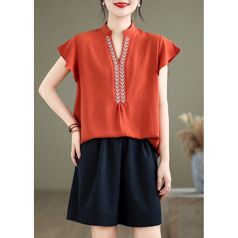 Natural Brick Red Embroidered Cotton Shirt Top Butterfly Sleeve