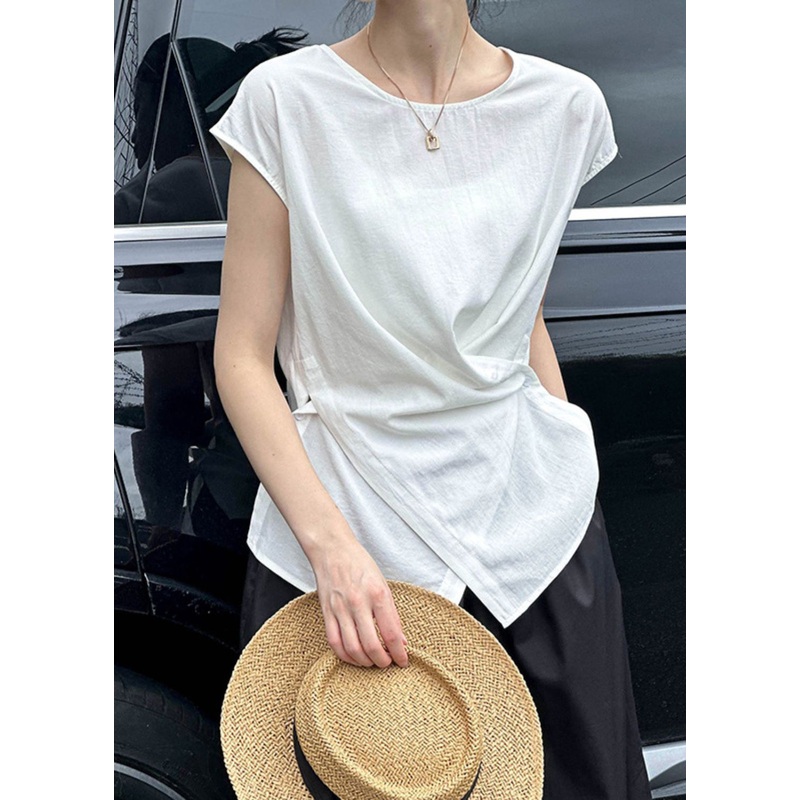 Natural White O-Neck Wrinkled Top Summer
