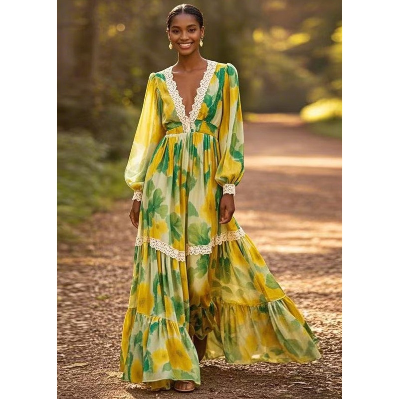 New V Neck Print Wrinkled Patchwork Chiffon Long Dresses Spring