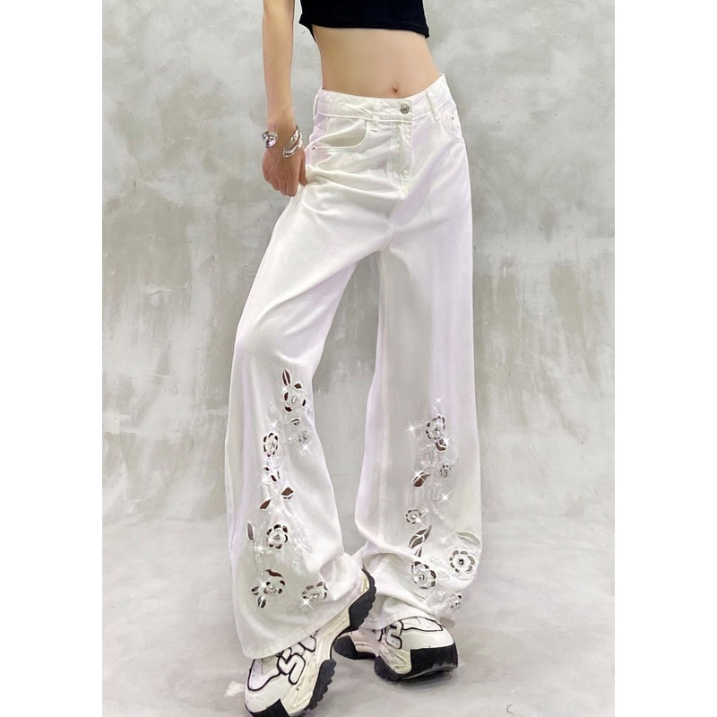 New White Hollow Out Zircon High Waist Denim Pants Summer