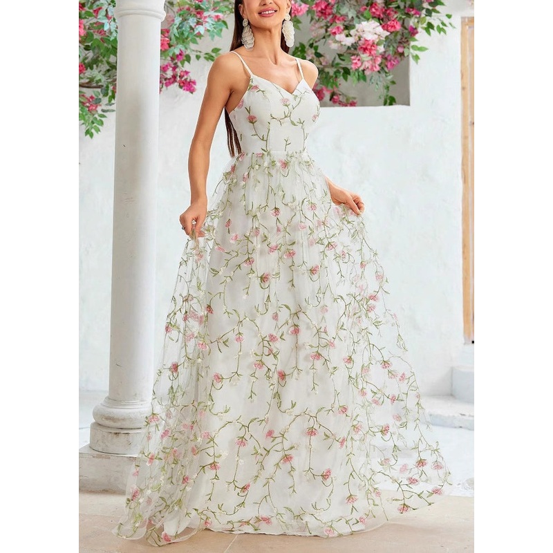 Novelty Embroidered Zippered Tulle Spaghetti Strap Dress Sleeveless