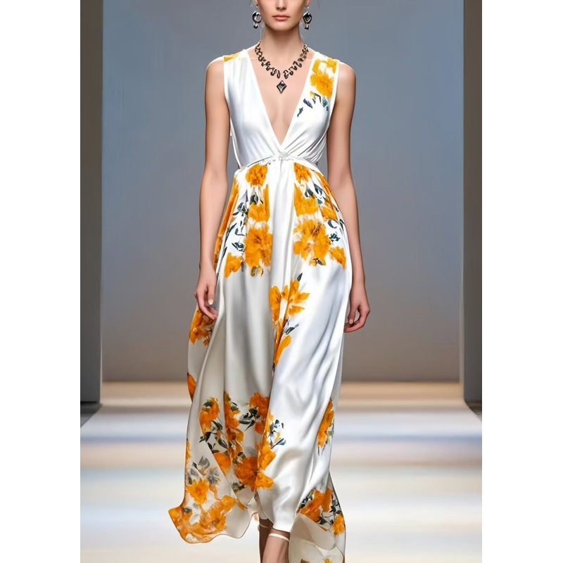 Orange Print Draping Silk Sundresses Deep-V Neck Sleeveless