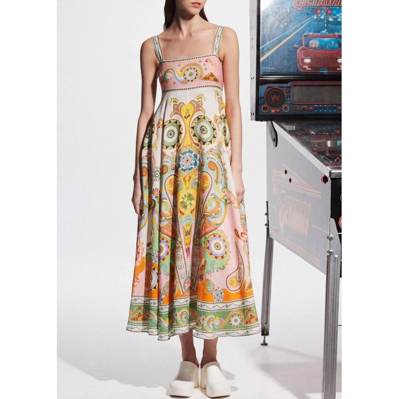 Original Design Slash Neck Print Long Spaghetti Strap Dresses Sleeveless